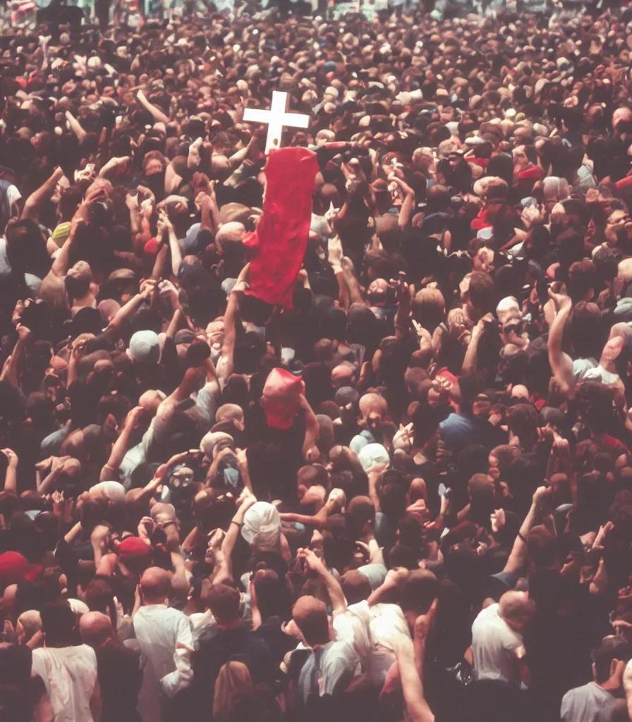 Image similar to one minion surrounded by an angry crowd of humans. the minion is bleeding red blood. a large wooden cross is in the background. kodak gold 2 0 0,