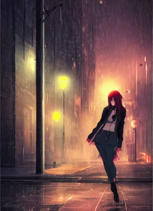 Image similar to listening to music at 2 am, night, pretty girl, pose, rain, lofi, lofi, peaceful, street light, anime key visual, poster, street wears, anime, by wlop, high quality, 4 k, trending, trending on artstation