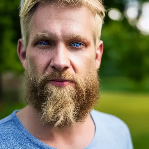 Image similar to close up of face of 4 0 year old anglo slavic blond man with a trimmed blond beard, short wavy blond hair, sapphire blue eyes, portrait, 4 k