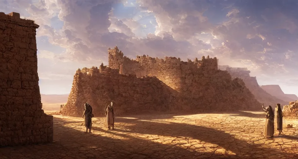 Prompt: highly detailed 4K fantasy matte painting of an ancient roman stronghold fort in the mountain desert dry guards standing on the walls looking out at the sahara digital art by Greg Rutkowski and Thomas Kinkade, trending on Artstation