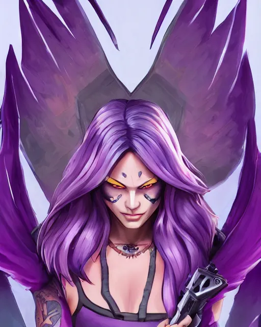 Image similar to beautiful female purple hair with dagger tattoo symmetrical face eyes full length fantasy art apex fortnite Video game icon, 2d game art gta5 cover , official fanart behance hd artstation by Jesper Ejsing, by RHADS, Makoto Shinkai and Lois van baarle, ilya kuvshinov, rossdraws