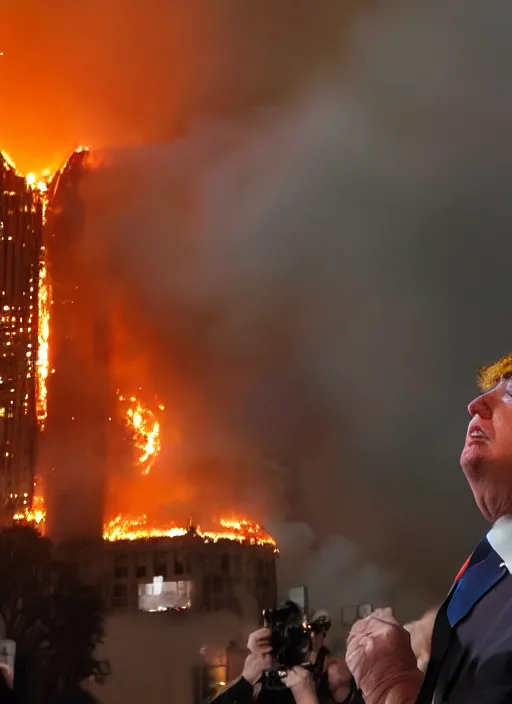 Image similar to a beautiful photo of donald trump being unfazed by the fact that the trump tower is burning, intricate details, photography, volumetric light, 8 k