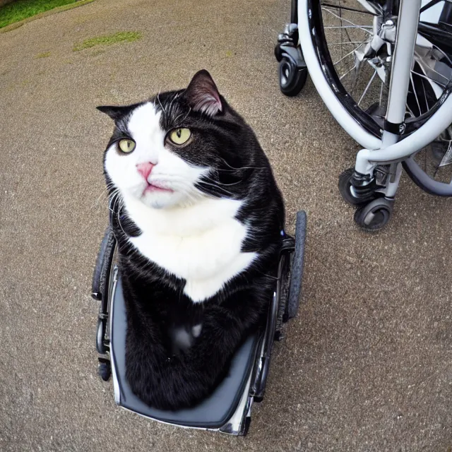 Prompt: fisheye view of super fat annoyed cat sitting in a wheelchair