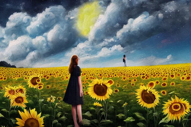 Image similar to giant sunflower as a head, girl walking in daisy field, hills, surreal photography, dark night, star trails, dramatic light, impressionist painting, clouds, digital painting, artstation, simon stalenhag