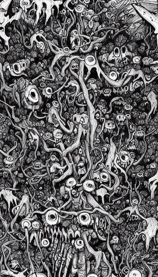 Image similar to a storm vortex made of many demonic eyes and teeth over a forest, by james jean,