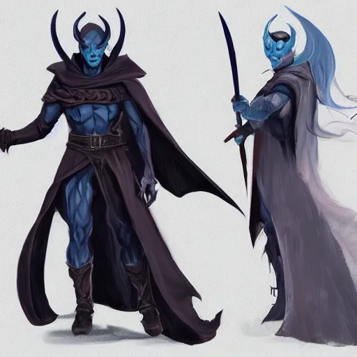 Image similar to D&D character concept art of a cloaked tiefling, tiefling rogue, blue skin color with short horns and a devil tail, fighting pose of a Rogue holding daggers, black cloak hidden in shadows, full body pose, soft colors, fantasy, intricate, elegant, highly detailed, digital painting, artstation, concept art, smooth, sharp focus, illustration, wide angle shot, full body visible, art by artgerm and H R Giger and alphonse mucha