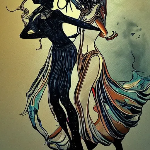 Image similar to two dancers, art nouveau, chaos, night, rot, blood, epic art, dark souls, ultra realistic, breathtaking, trending on artstation