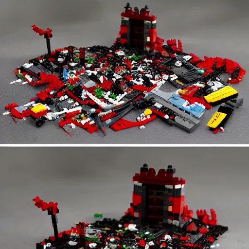 Image similar to a bloody muder scene recreated with legos