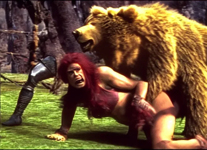 Prompt: she - hulk wrestling a bear lion, movie still, from the movie conan the barbarian, 8 k, realistic