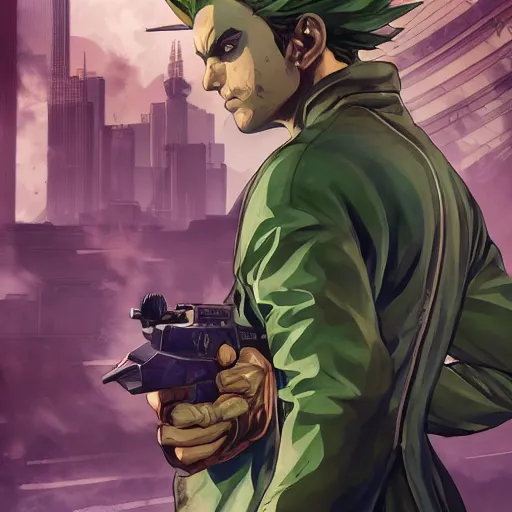 Prompt: gta 5, cover art, grand theft auto poster, kakyoin doing a jojo pose, d & d, fantasy, intricate, elegant, highly detailed, digital painting, artstation, concept art, matte, sharp focus, illustration, hearthstone, art by artgerm and greg rutkowski