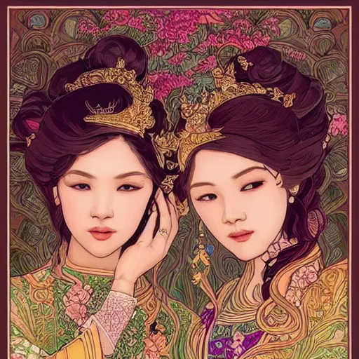 Image similar to beautiful and detailed digital illustration of a twin thai princesses by kittichai rueangchaichan, floralpunk, Artstation, art nouveau aesthetic, Alphonse Mucha background, intricate details,concept art, realistic, dramatic, detailed intricate ink illustration, heavenly atmosphere, Ukiyo-style