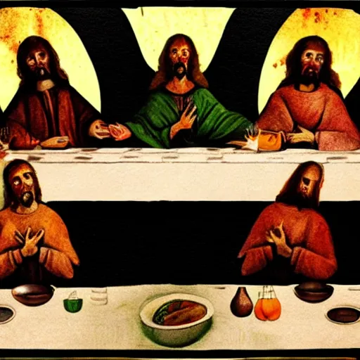 Image similar to The Last Supper but it's very creepy and distorted, dark color palette