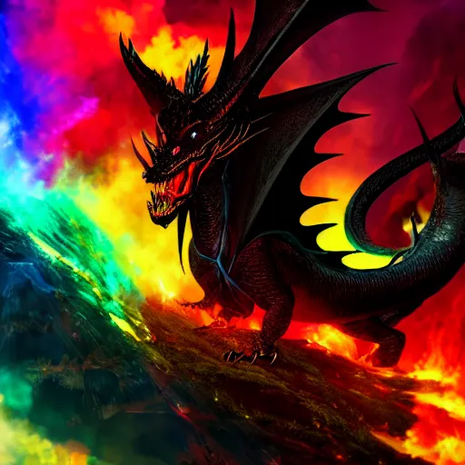 Prompt: Portrait of the black dragon Alduin breathing a rainbow-colored fire. 4k. Concept art. High detail. Unreal engine.