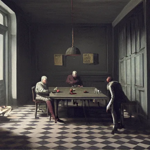 Image similar to covert shadow figures of men in a dark room with a chequered floor conversing around a table in secrecy, moody and atmospheric, dramatic scene, dimly lit room, cgsociety, 8k resolution, trending on artstation, octane render by Quint Buchholz, Pieter Claesz and edward hopper