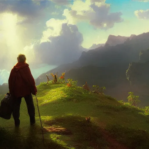 Image similar to a traveler wandering through the mountains looking at the clouds, very detailed, focused, oil painting, cinematic lighting, Albert Bierstadt, trending on Artstation