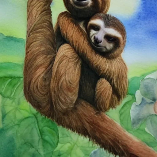 Image similar to A realistic watercolour painting of a sloth with a baby sloth, fine detail, washed out background