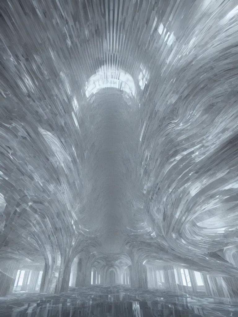 Prompt: massive misty crystal corridors of memory's parametric cathedral with marble floors, high vaulted ceilings and streams of golden sunbeams, floating among the galaxies; Lomography, 3D Rendered matte painting, ambient occlusion, subsurface scatter, radiosity, trending on Artstation Unreal Engine VRay, cinematic lighting