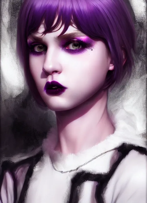 Image similar to portrait of white teenage girl, normal face, black bangs, mall goth, cyberlox, black and white hair, bangs, fluffy bangs, red contact lenses, purple lipstick, intricate, elegant, highly detailed, digital painting, artstation, concept art, sharp focus, smooth, illustration, art by wlop, mars ravelo and greg rutkowski