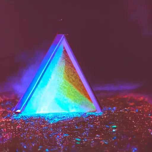 Image similar to DSLR still of a prism taking in white light on one side and splitting it into fire water wind and earth, 8k