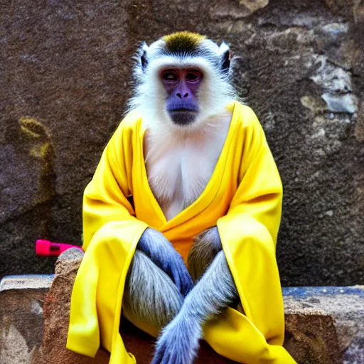 Image similar to a monkey wearing a yellow kimono, 8 k