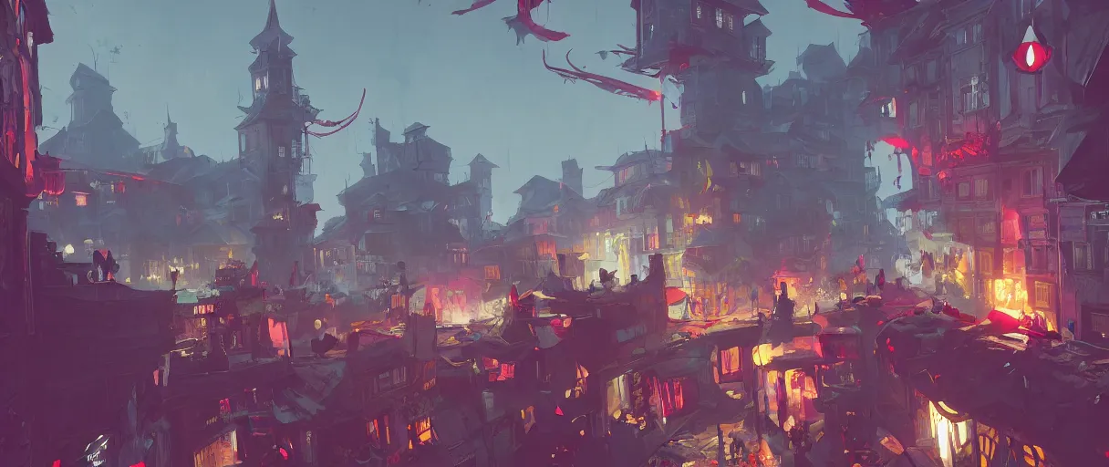 Image similar to a colorful comic noir illustration painting of a city of novigrad from witcher 3 by sachin teng and sergey kolesov and ruan jia and heng z. graffiti art, sci fi, hyper detailed. octane render. trending on artstation