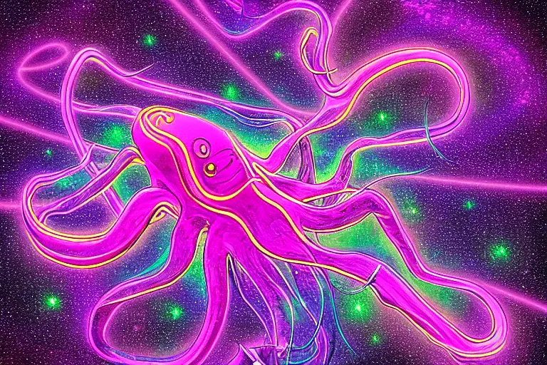 Prompt: digital art of a realistic bright glowing neon purple octopus floating in space by alex grey, (arcylic), ((synthwave)),