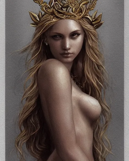 Image similar to tattoo design sketch of cute beautiful blonde super model as aphrodite greek goddess wearing a gold laurel wreath and triangle earrings, beautiful piercing gaze with sharp pupils, in the style of greg rutkowski, fantasy, amazing detail, epic, elegant, smooth, sharp focus, front view