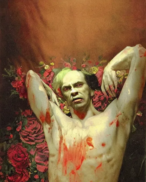 Image similar to a beautiful and eerie baroque painting of a beautiful but sinister man in layers of fear, with haunted eyes, 1 9 7 0 s, seventies, floral wallpaper, wilted flowers, a little blood, morning light showing injuries, delicate embellishments, painterly, offset printing technique, by brom, robert henri, walter popp