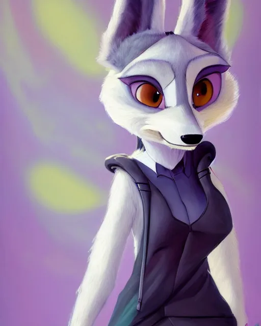 Image similar to oil painting of anthromorphic female wolf, in style of zootopia, zootopia, zootopia, fursona, furry, furaffinity, 4 k, deviantart, furry art, fursona art, wearing black business suit, business suit, in style of zootopia, wolf fursona, cyberpunk, female, expressive detailed feminine face,