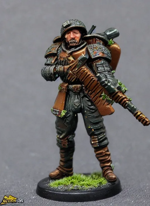 Image similar to 8 0 mm resin detailed miniature of a warhammer 4 0 k wounded catachan soldier, carrying huge sniper, product introduction photos, 4 k, full body