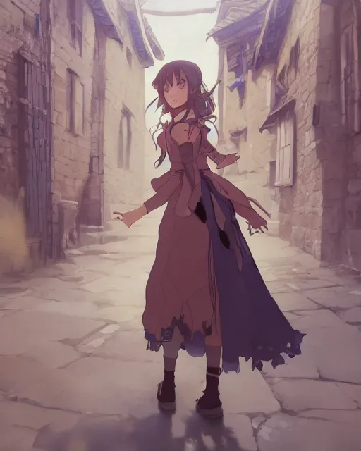 Image similar to key anime visual portrait of a young female walking through a medieval village, dynamic pose, dynamic perspective, cinematic, detailed silhouette, film grain, tending on artstation, face by yoh yoshinari, detailed, intricate