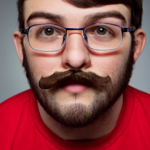 Prompt: a young adult man with glasses, short wavey hair in the shape of a bowl-cut, a 70s mustache and patchy beard wearing a red shirt, studio photo, high resolution, detailed, nice lighting.