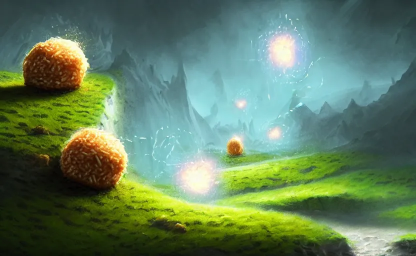 Prompt: magic : the gathering fantasy concept art of excited riceballs with excited expressions bouncing down a mountain path, by marco bucci, high resolution, the riceballs are bouncing up and down and leaving a trail of rice seeds behind them, fantasy coloring, intricate, digital painting, artstation, smooth, sharp focus