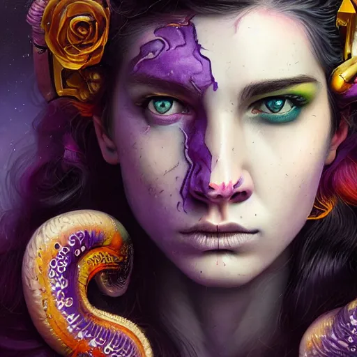 Image similar to art portrait of a furious girl with purple tentacles on her head,8k,by tristan eaton, Stanley Artgermm,Tom Bagshaw,Greg Rutkowski,Carne Griffiths,trending on DeviantArt, face enhance,hyper detailed ,full of colour,