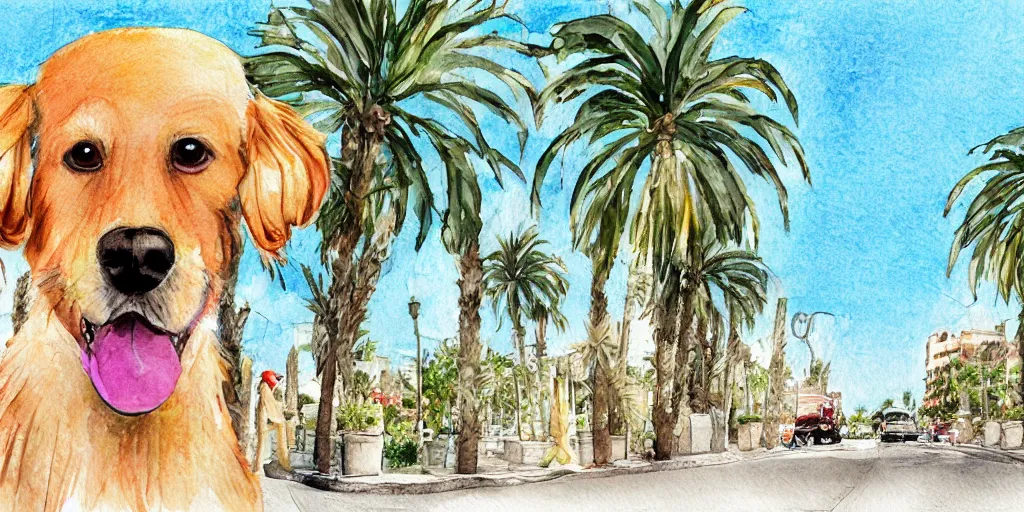 Prompt: photoreal golden retriever dog standing in tel aviv street looking at the camera. palm trees. optimistic. digital art. watercolor. highly detailed. drawing. art. colorful. fluffy