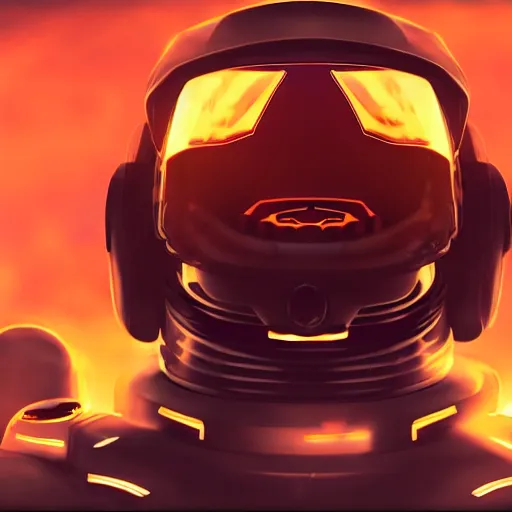 Prompt: front-facing portrait of a mecha astronaut entering hell with a broken air ship, cinematic lighting, epic