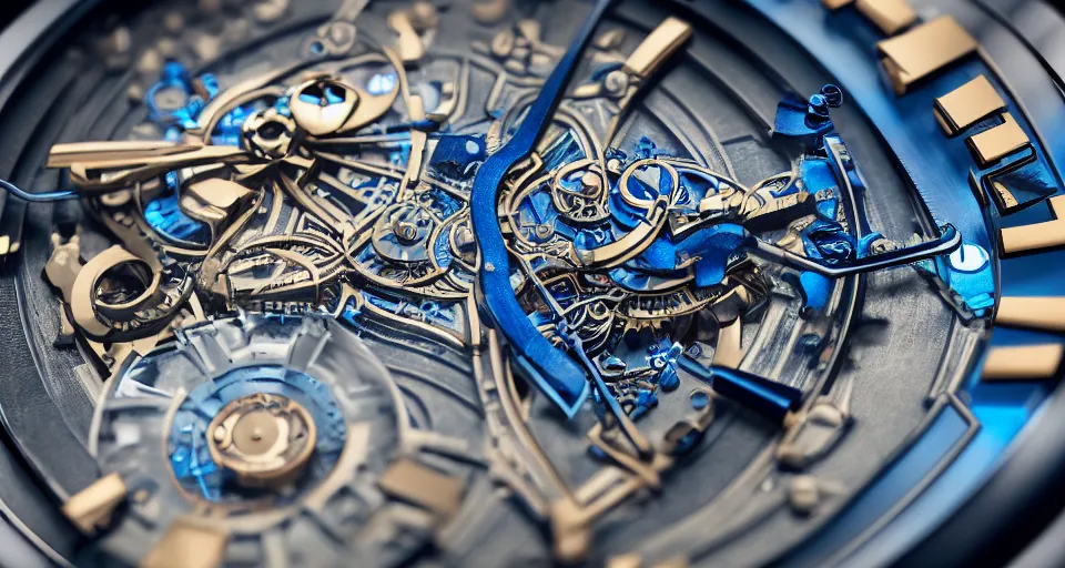 Prompt: complex 3 d render of a futuristic steampunk watch lying on a table, high detail, sharp focus, glowing blue interior components, intricate detail, depth of field, bokeh, cinematic lighting and composition, octane render, film grain, ulysse nardin