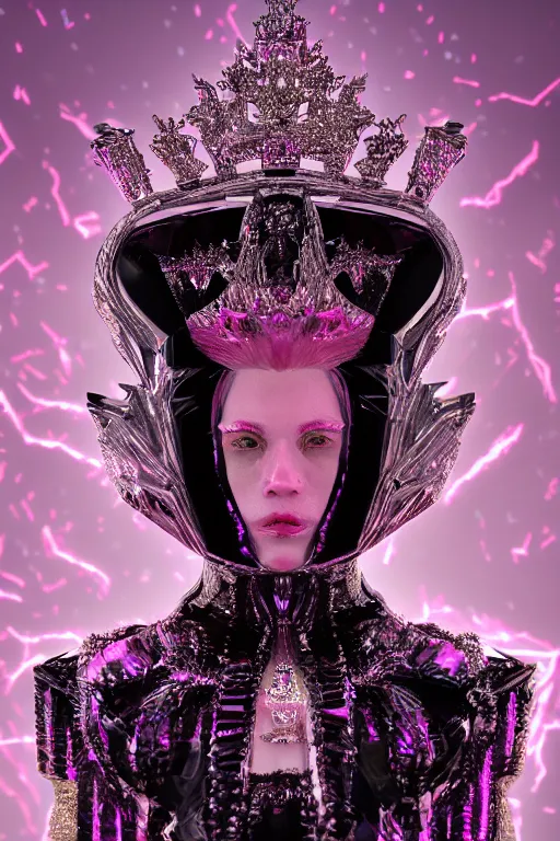 Image similar to hyper detailed ultra sharp portrait of baroque and bladerunner delicate glowing diamond sculpture of seductive muscular albino young spanish rock and roll king, pink diamond black metallic sphinx iridescent humanoid deity wearing black cloak holding a prismatic gem, glowing pink face, crown of white diamonds, cinematic lighting, photorealistic, octane render 8 k depth of field 3 d