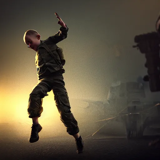 Image similar to a photorealistic hyperrealistic, boy throwing grenade on putin, beautiful dynamic dramatic low - light moody lighting, cinematic atmosphere, artstation, concept design art, octane render, 8 k