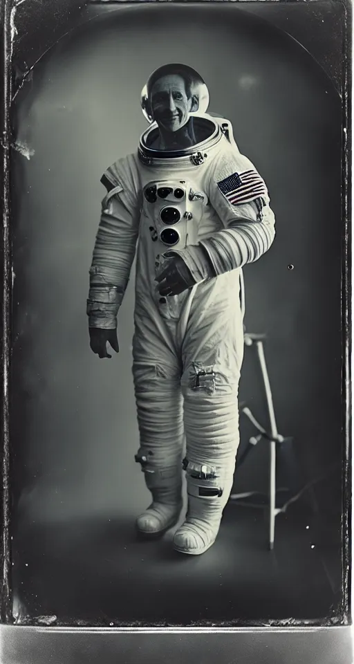 Image similar to a wet plate photograph, a portrait of an astronaut