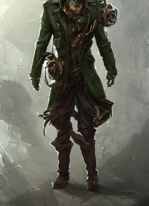 Image similar to a highly detailed illustration of thick wavy brown haired young white guy wearing brown detective trench coat and wearing dark green mask, with many long mechanical arms on his back, dramatic standing pose, intricate, elegant, highly detailed, centered, digital painting, artstation, concept art, smooth, sharp focus, league of legends concept art, WLOP