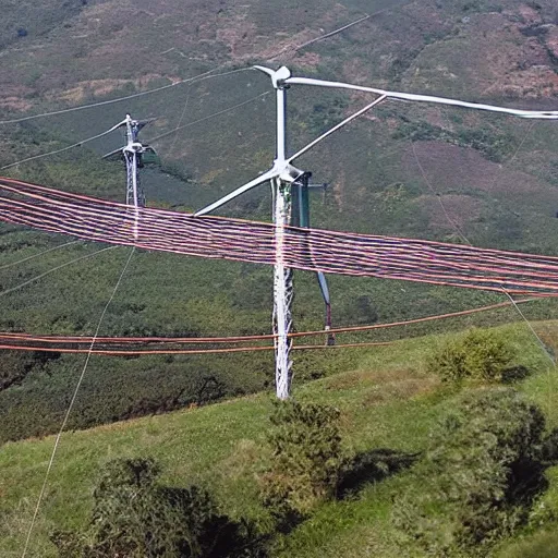 Prompt: a person on a hill flying a kite, next to a high-voltage transmission lines, in the style of filmmaker Shunji Iwai,