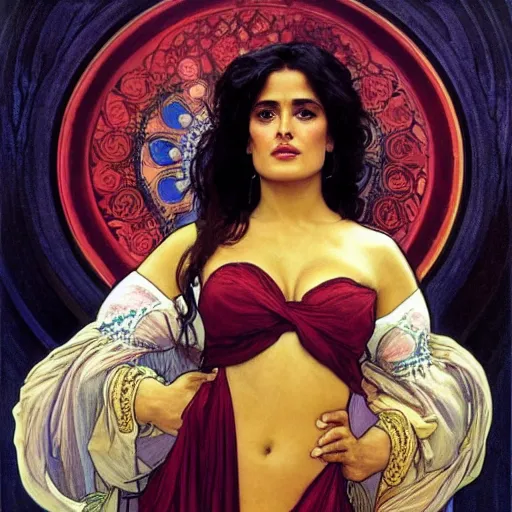 Prompt: salma hayek medium shot portrait by alphonse mucha, perfect proportions, beautiful face, perfect eyes, real life colors, elegant, sharp focus, hyper - realistic, 4 k, highly detailed, hd, dramatic lighting by brom