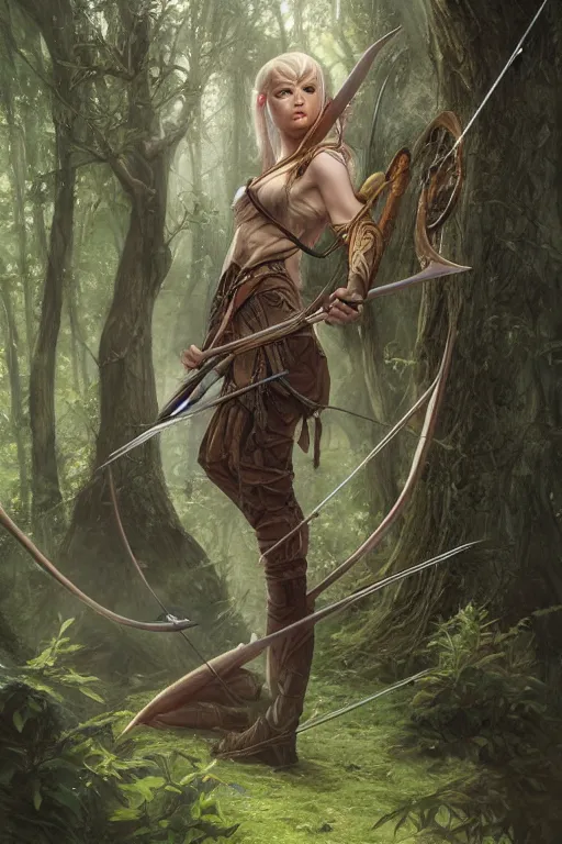 Image similar to elven archer in a forest glade, highly detailed, d & d, fantasy, portrait, highly detailed, headshot, digital painting, trending on artstation, concept art, sharp focus, illustration, art by artgerm and greg rutkowski and magali villeneuve