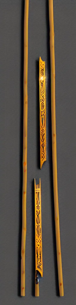 Image similar to picture of a single wooden long futuristic thin ninja staff with ornaments, carving, highlight, weapon, cyberpunk, sci - fi, fantasy, close shot, single long stick, bright background