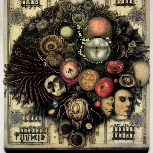 Image similar to post - punk new age album cover, asymmetrical design, dollars, bank notes, magic, apocalypse, psychedelic, black white pink, magic, giger h. r., giuseppe arcimboldo