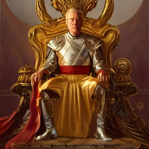 Image similar to A portrait of a king sitting on his throne, digital painting, artstation, concept art, donato giancola, Joseph Christian Leyendecker, WLOP, Boris Vallejo, Breathtaking, 8k resolution, extremely detailed, beautiful, establishing shot, artistic, hyperrealistic, beautiful face, octane render, cinematic lighting, dramatic lighting, masterpiece