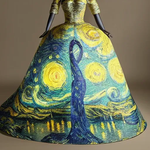 Image similar to Stunning a magnificent and intricate ball gown inspired by Van Gogh's Starry Night. Studio lighting