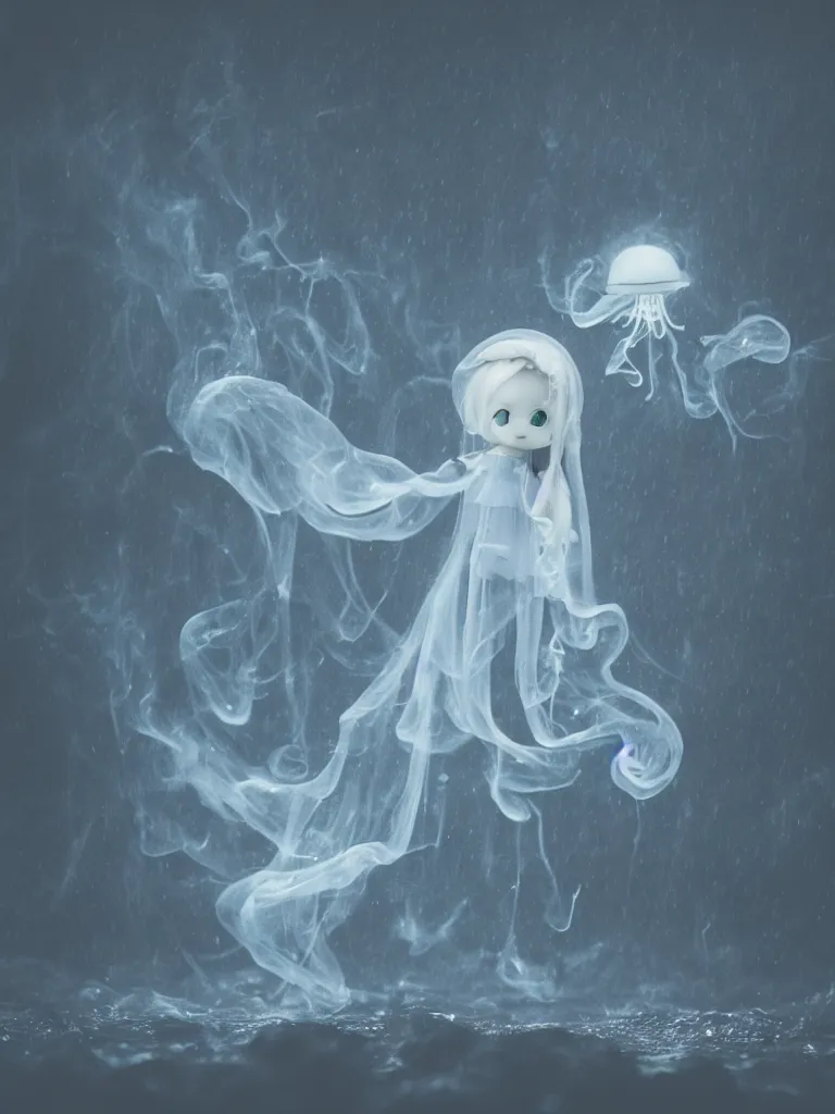 Image similar to cute fumo plush beautiful chibi ectoplasmic gothic witch jellyfish ghost girl, glowing milky wisps of hazy smoke and volumetric fog on a heavy rainstormy reflective river in the falling rain, lens flare, subsurface scattering, vignette, asymmetry, bokeh, refraction, vray