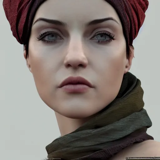 Image similar to a woman wearing a head piece and a scarf, concept art by abdullah gerguri, cgsociety contest winner, serial art, daz 3 d, artstation hd, physically based rendering